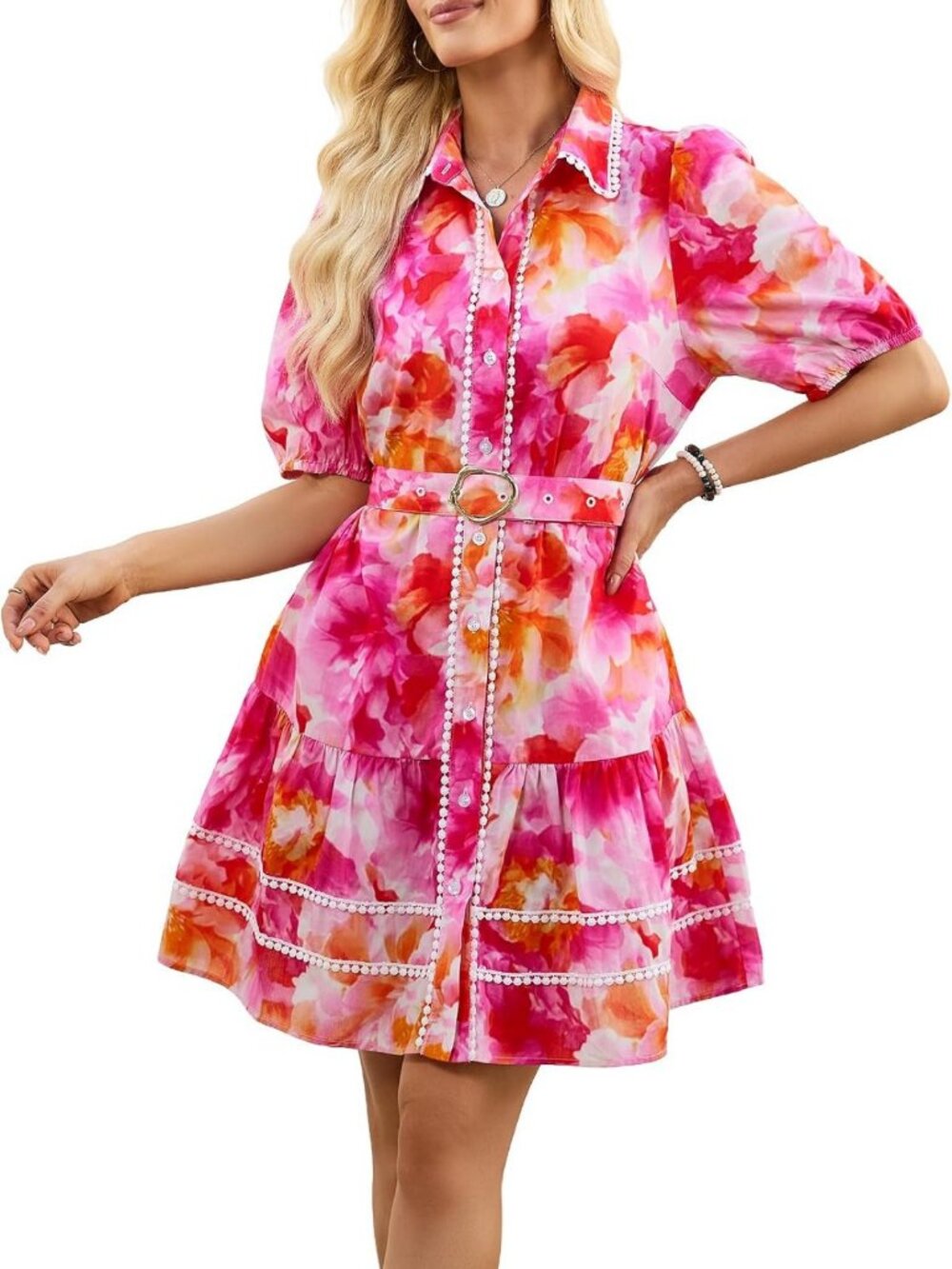 Floral Puff Sleeve Tiered Mini Dress with Belt for Women - Perfect Summer Style